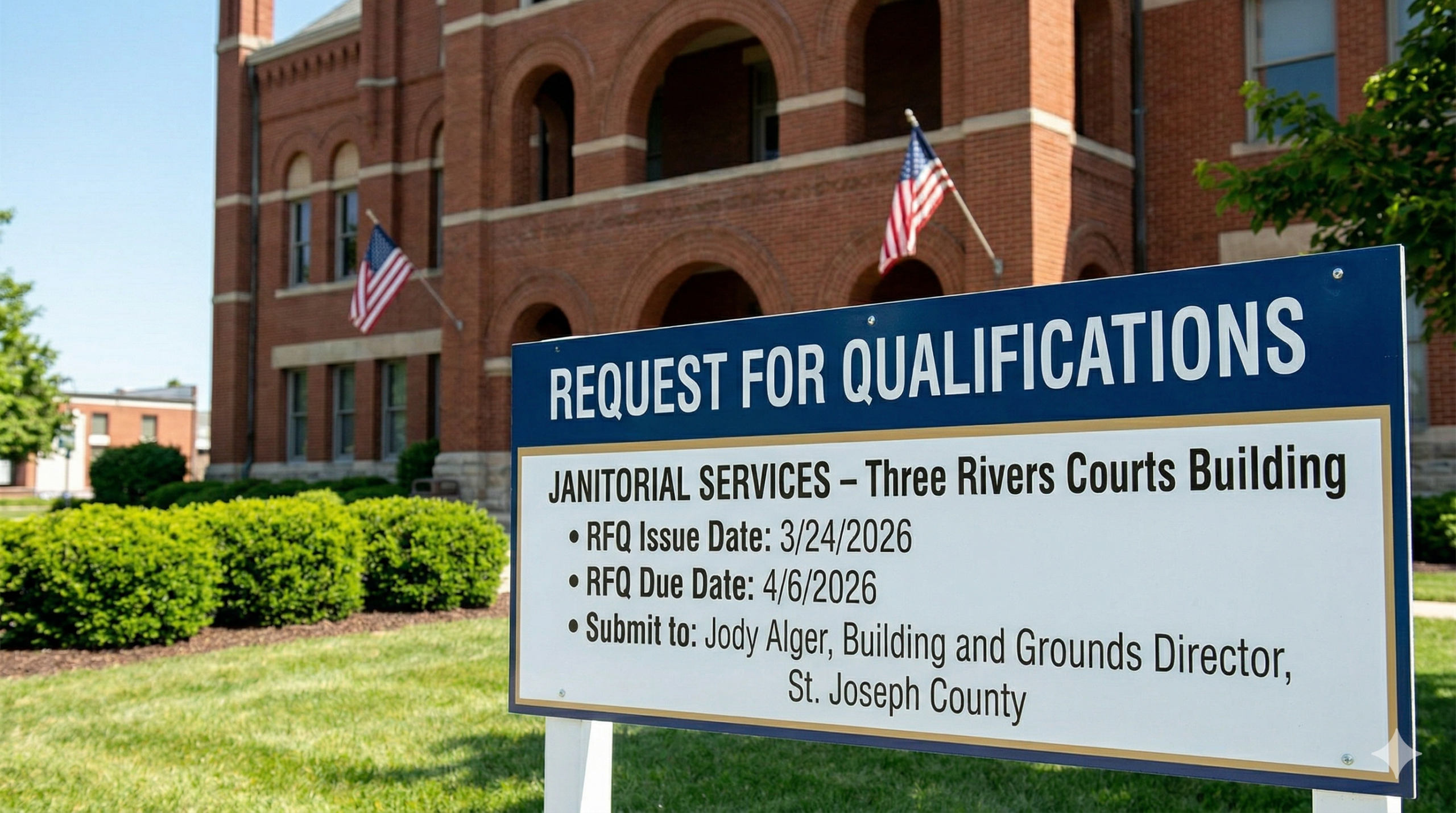 A decorative image of a courthouse with an RFQ sign out front.
