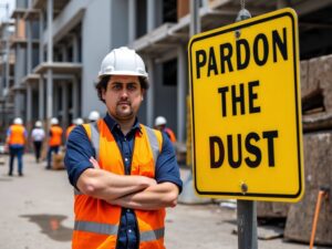 Man in construction gear near a sign that reads Pardon The Dust.