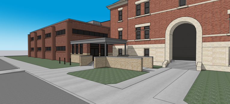 Architectural rendering of a modern brick institutional building with arched entrance and landscaped courtyard.